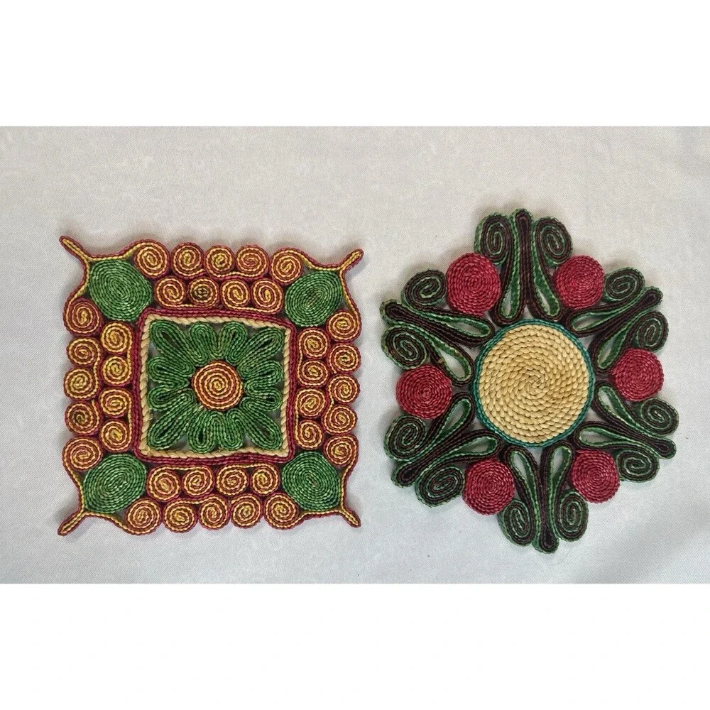 Pair Vintage 1970s Woven Straw Hot Pads Coiled Floral Trivets Boho Wall Decor