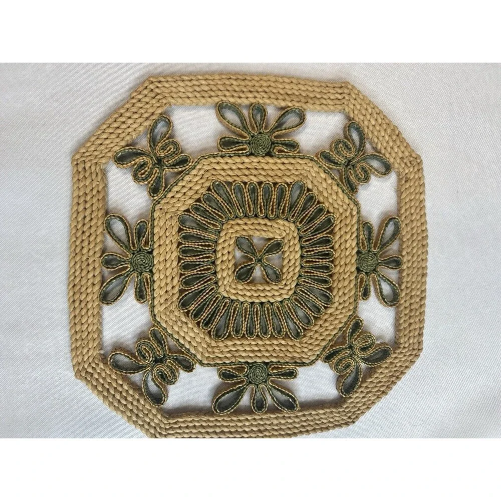 Vintage 1970s Woven Straw Hot Pad Trivet Octagon Olive Green Natural Boho Chic