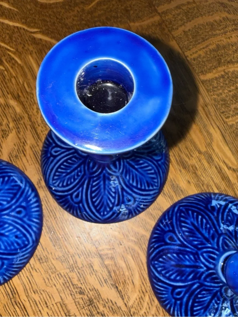 Bright Blue Embossed Ceramic Candlestick Holders - Set of 3