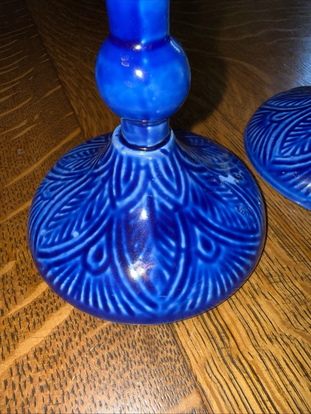 Bright Blue Embossed Ceramic Candlestick Holders - Set of 3