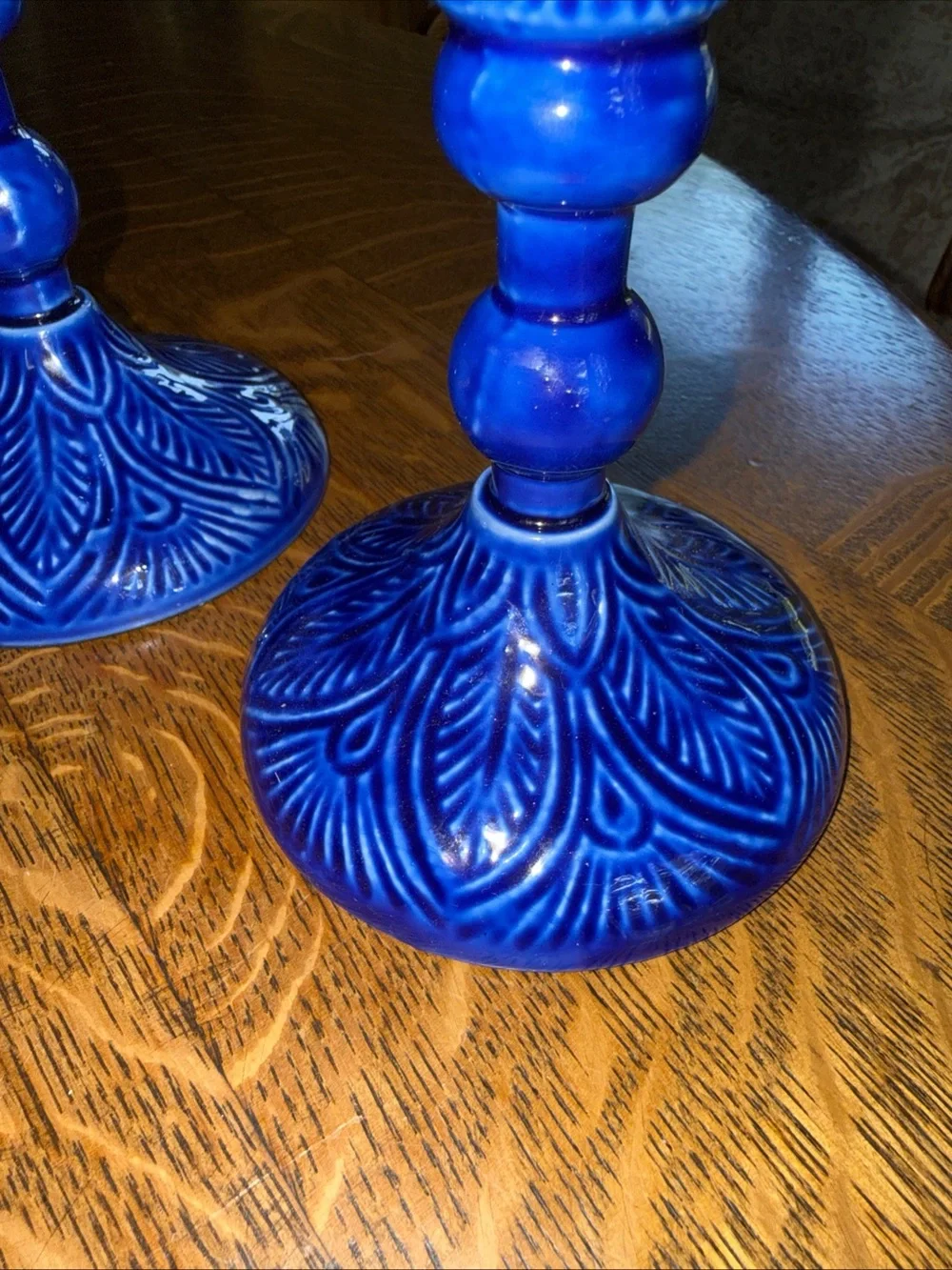 Bright Blue Embossed Ceramic Candlestick Holders - Set of 3