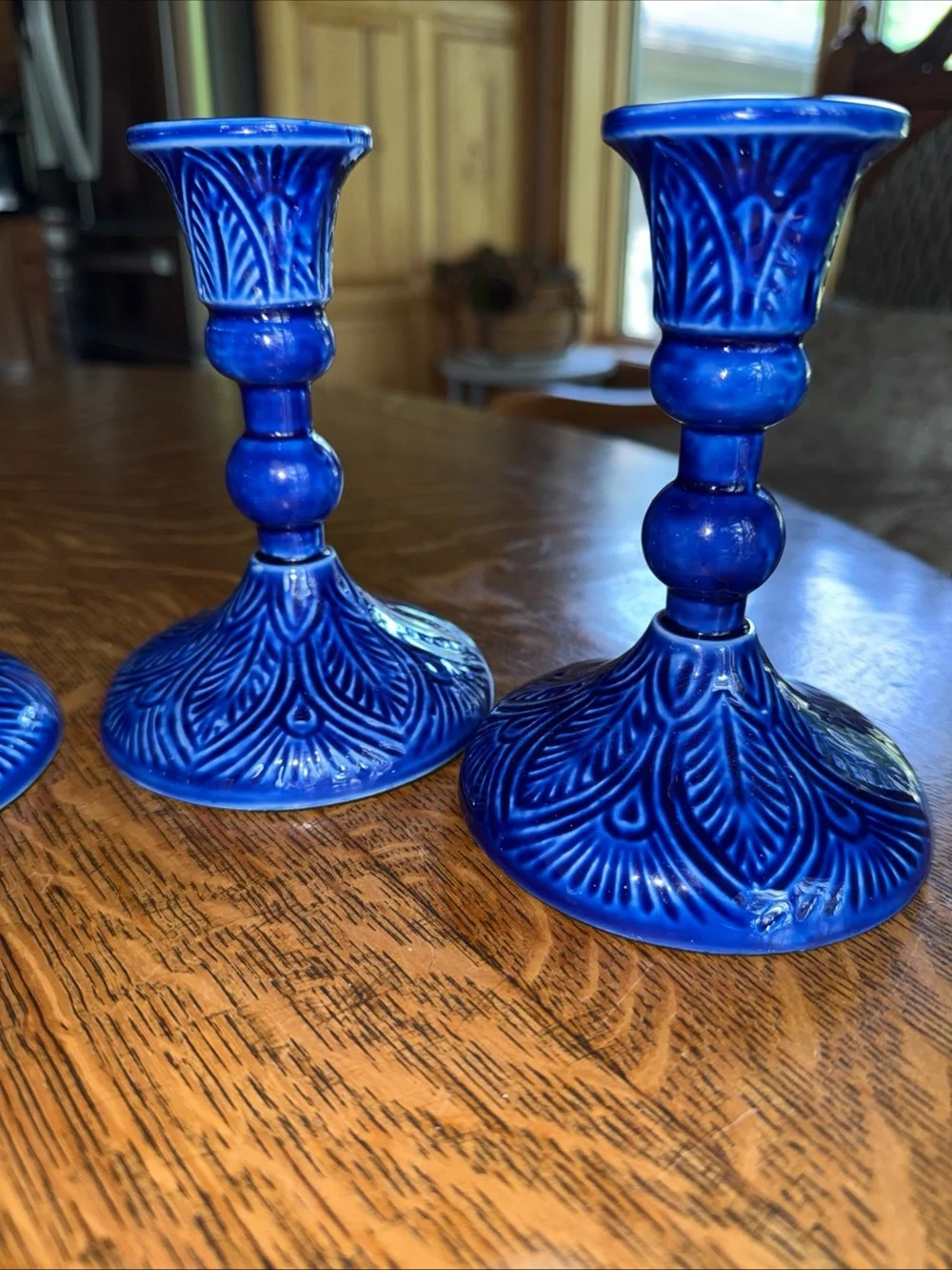 Bright Blue Embossed Ceramic Candlestick Holders - Set of 3