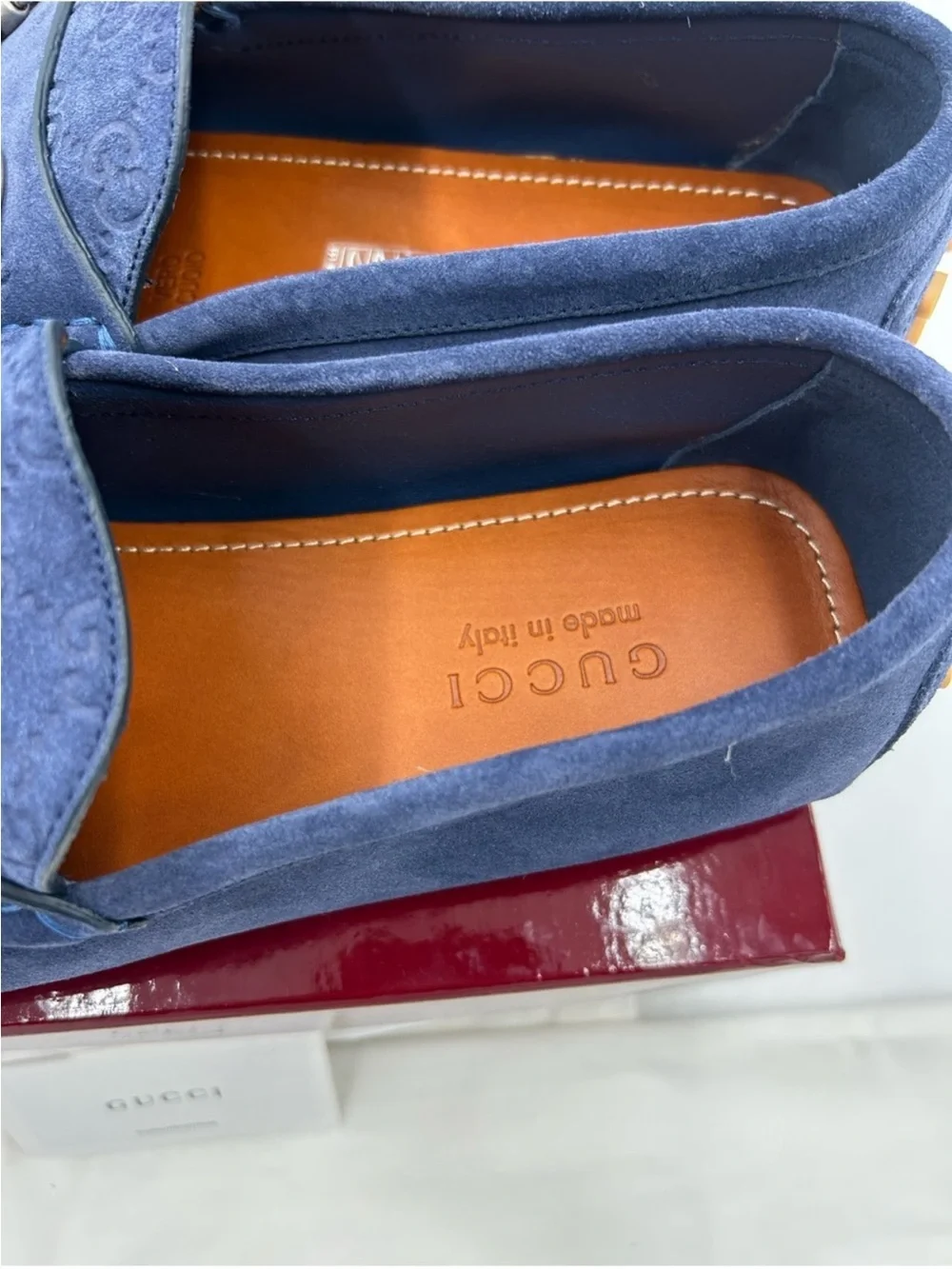 Men’s Gucci GG embossed blue suede driver loafer size 9 fits 10 US made in Italy