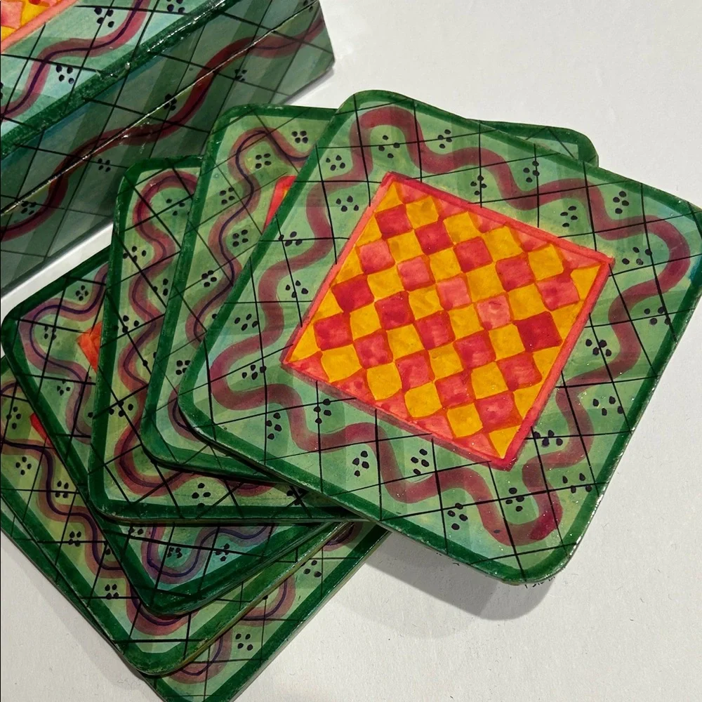 Painted Wood Coaster Set of 6 with Matching Box
