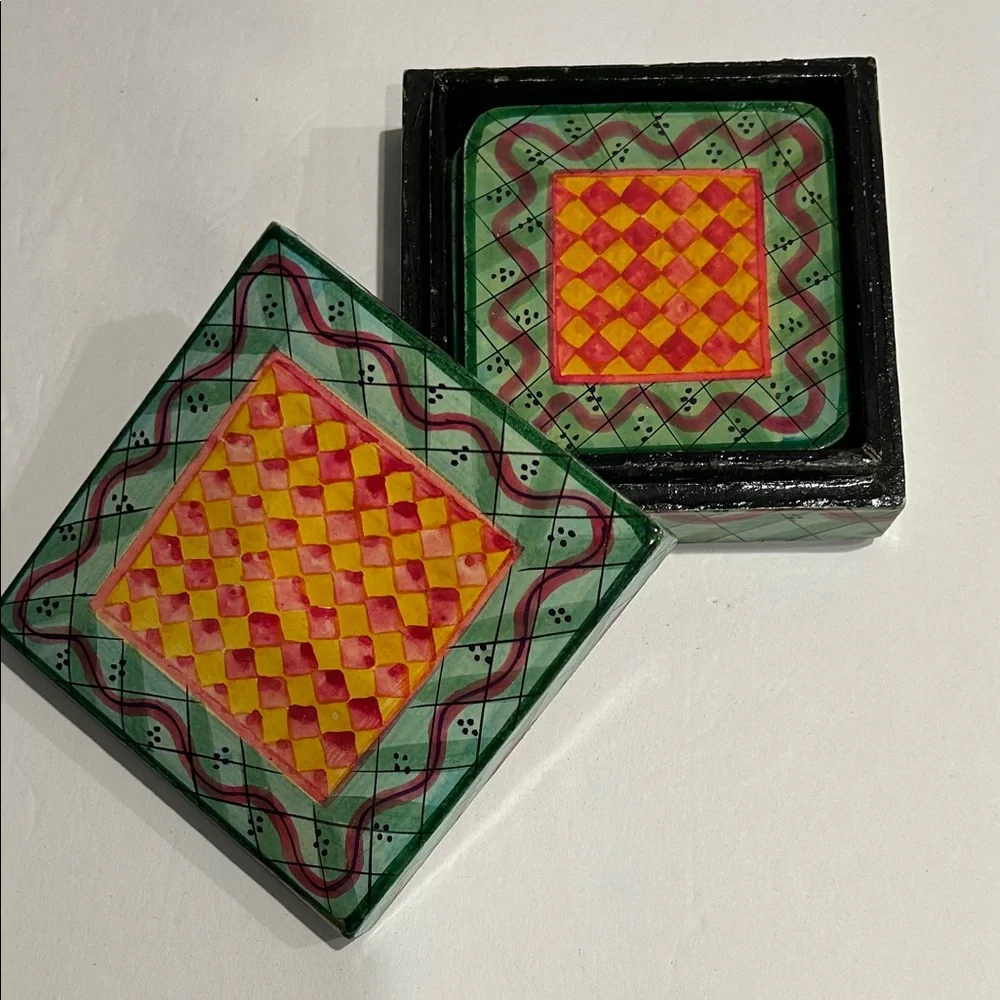 Painted Wood Coaster Set of 6 with Matching Box