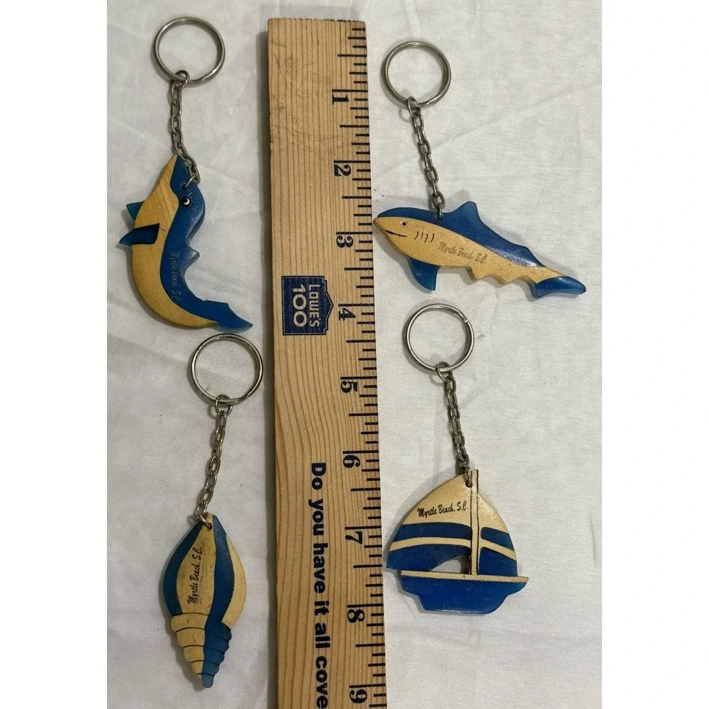 Lot of 4 Souvenir Keyrings Myrtle Beach, SC Shell, Dolphin, Sailboat,‎ Shark