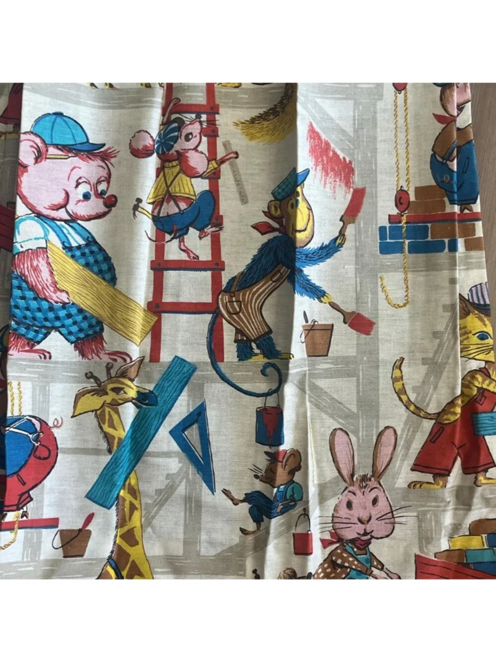 Pair of Vintage Kid's Short Curtains Cartoon Construction Animals Linen