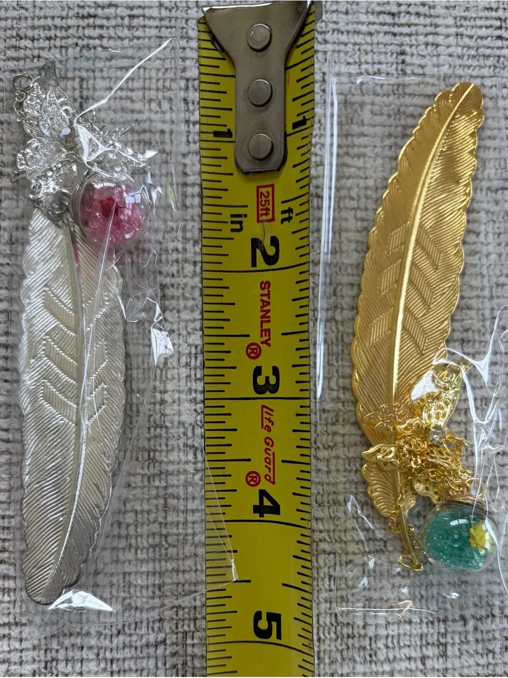 Gold Feather Bookmark with Decorative Blue Crystal Accent