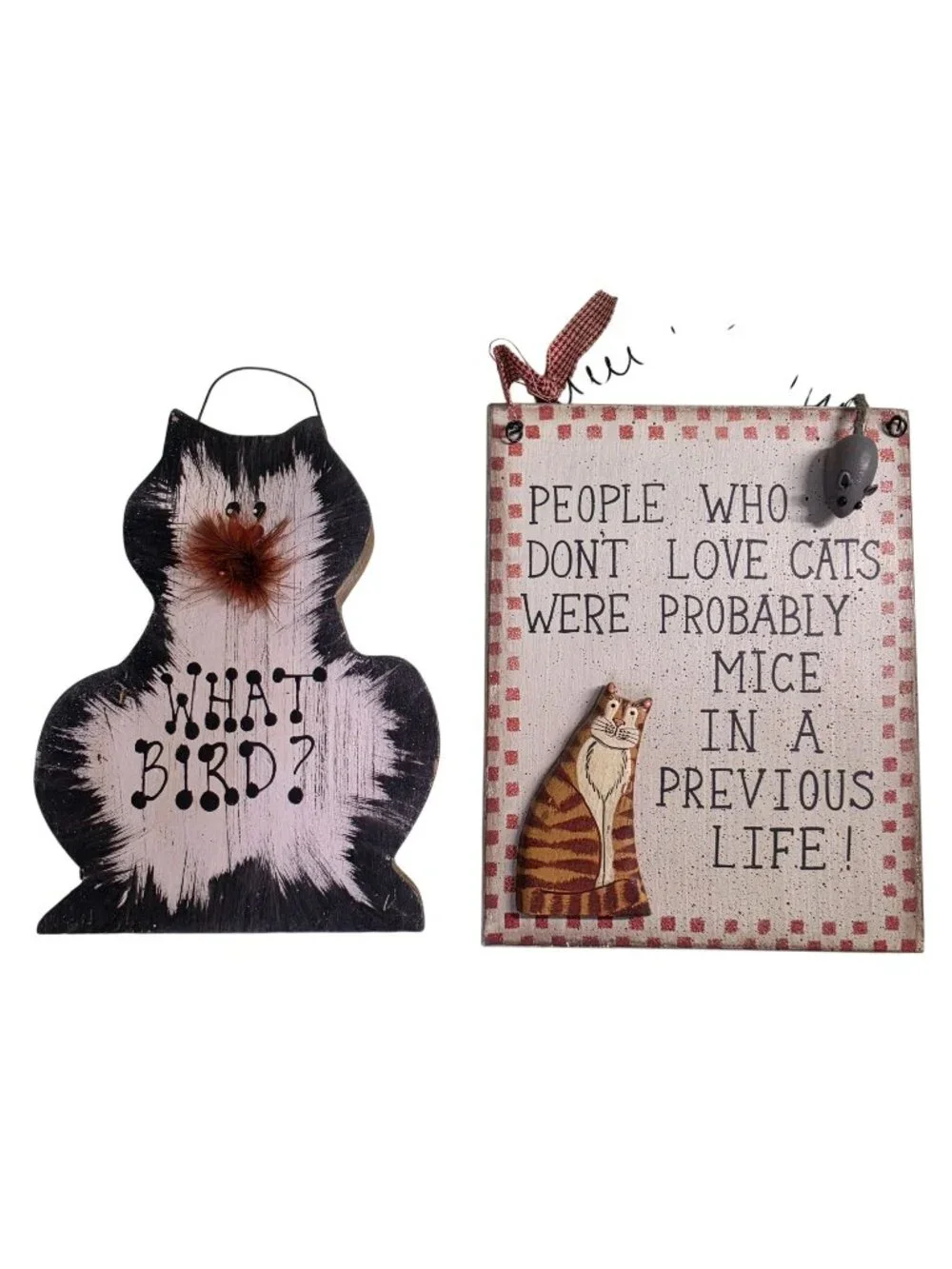 Primitive Folk Art Cat Wall Signs Lot of 2 Wood Mouse What Bird Rustic Decor