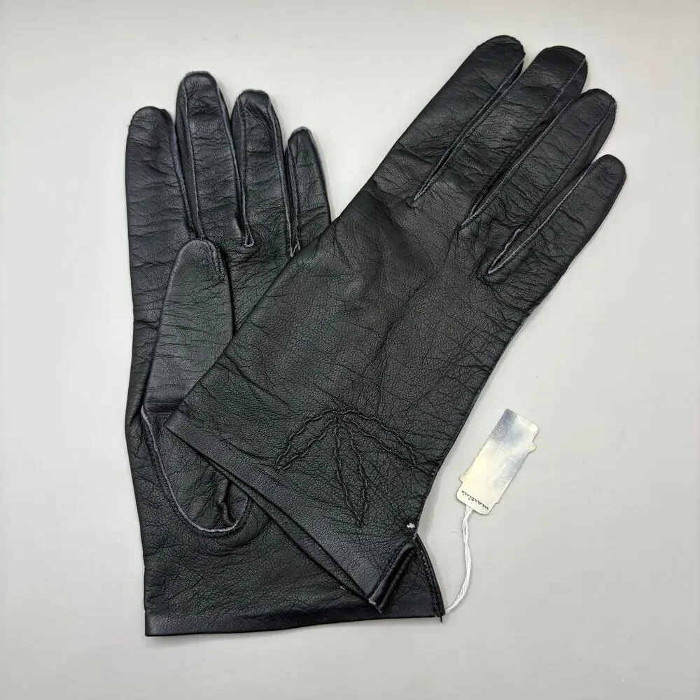 VTG Leather Gloves Black Embroidered Pure‎ Silk Lined Made in France XS 7 NOS