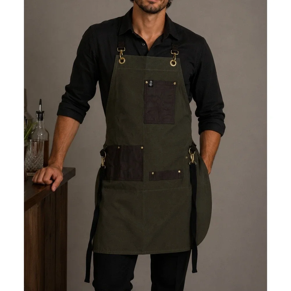 S&R Apron Co. Professional Canvas Leather Work Apron‎ Olive Green Brown Brass