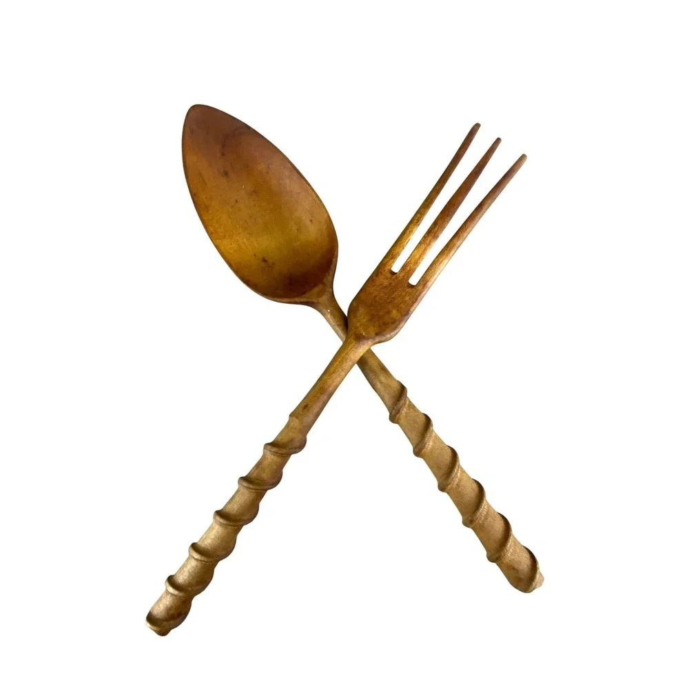 Wooden Salad Servers Rustic Spiral Hand Carved Spoon Fork‎ Set 10