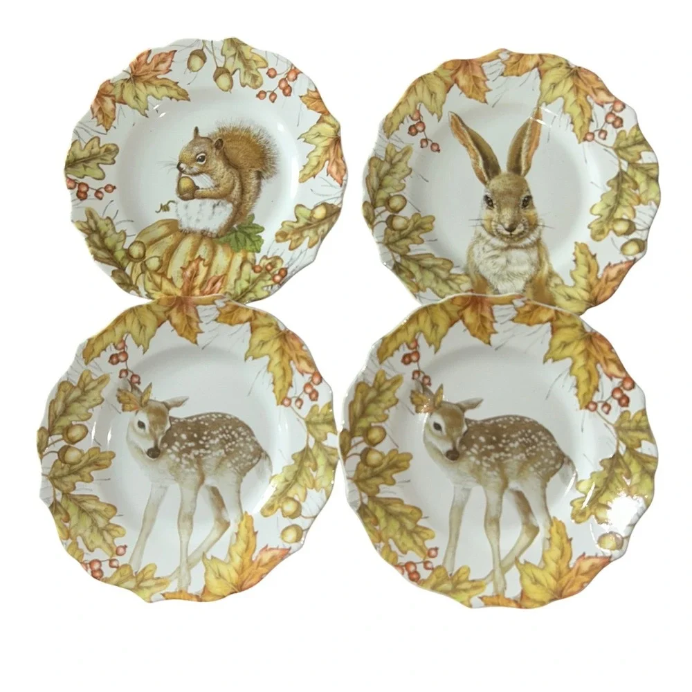 Pier 1 Porcelain Dessert Plates 4 Autumn Woodland‎ Animals Rustic Farmhouse