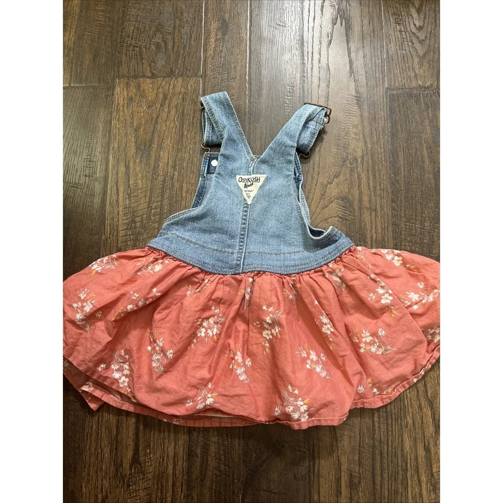 OshKosh‎ B'gosh Denim Overall Dress Vestbak Pink Floral Layered Ruffle 24 Months