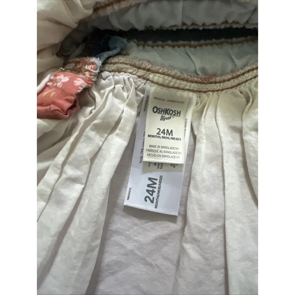 OshKosh‎ B'gosh Denim Overall Dress Vestbak Pink Floral Layered Ruffle 24 Months