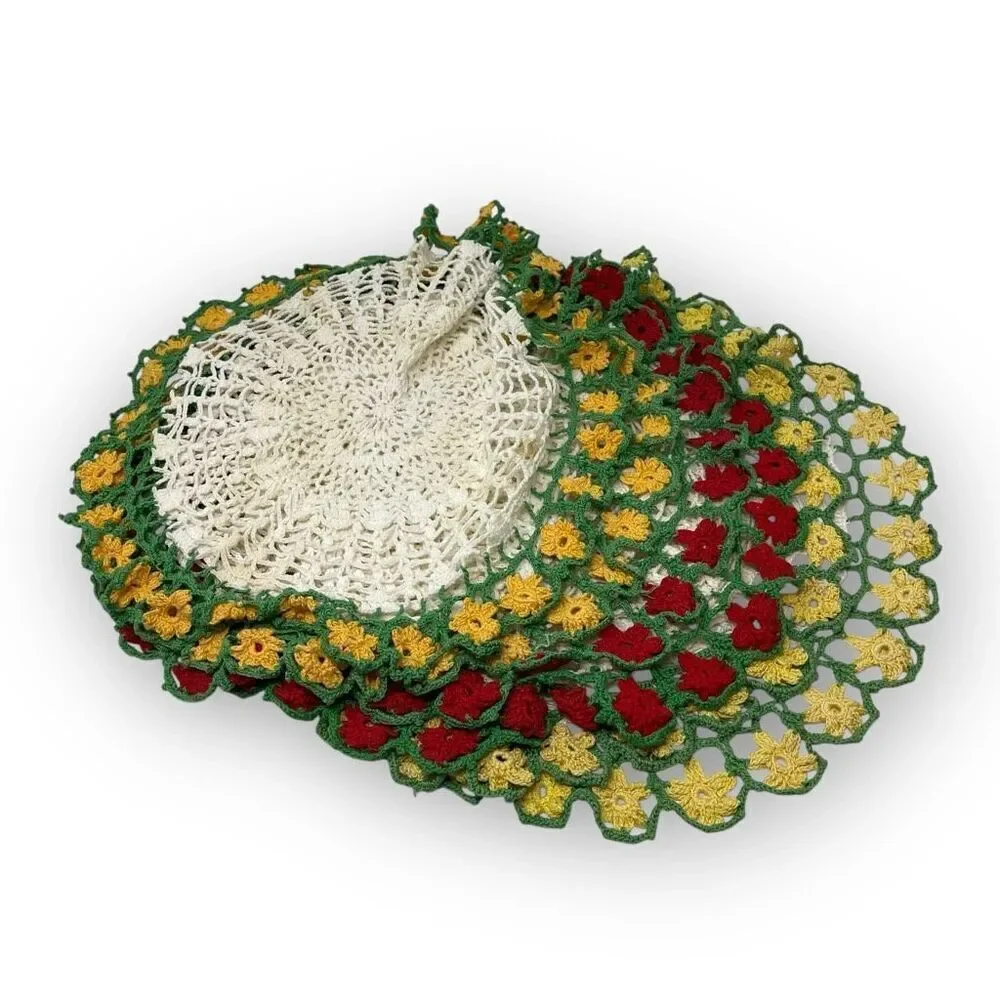 Vintage Floral Crochet Lace Round Placemat Hollow Weave Doilies Lot of 6 Flawed