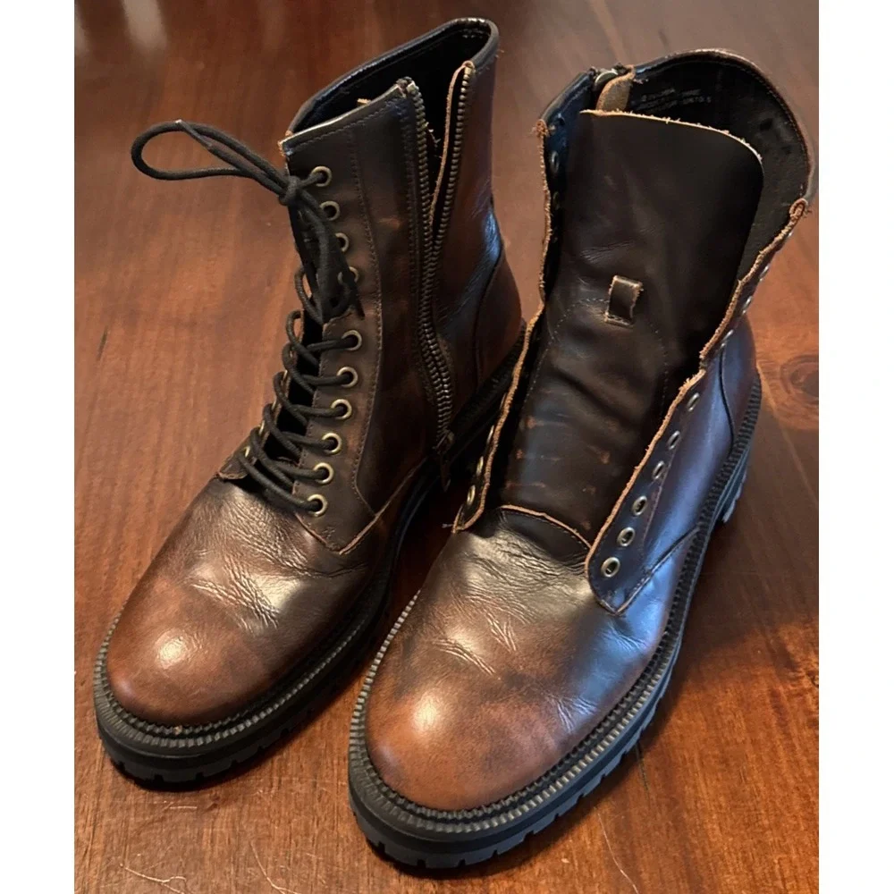 Urban Outfitters Mens 11 Brown Leather Combat Boots Lace Up Side Zip Lug Sole