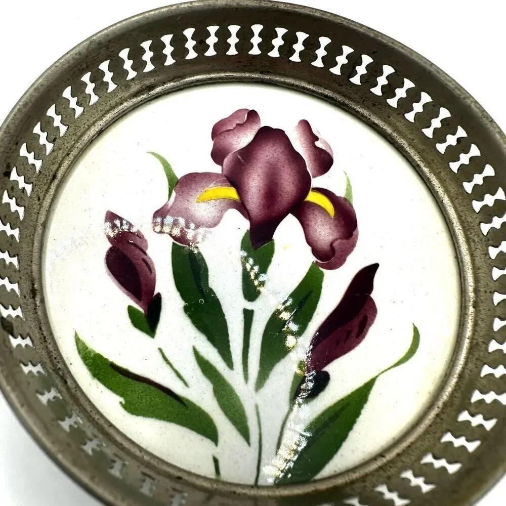 Vintage hand painted floral saucer numbered open