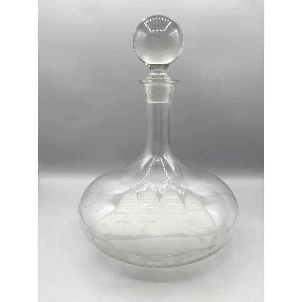 Vintage Etched Glass Ship Decanter Nautical Sailing Vessel with Ball Stopper