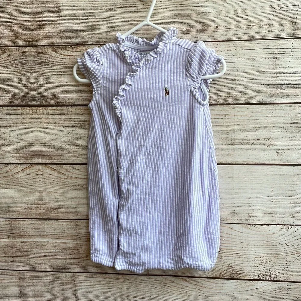 RALPH LAUREN SOFT KNIT ROMPER IN LAVENDER AND‎ WHITE STRIPES