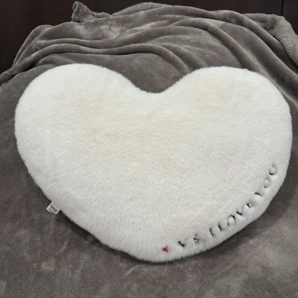 Victoria's Secret Heart Pillow Plush White Faux Fur VS I Love You