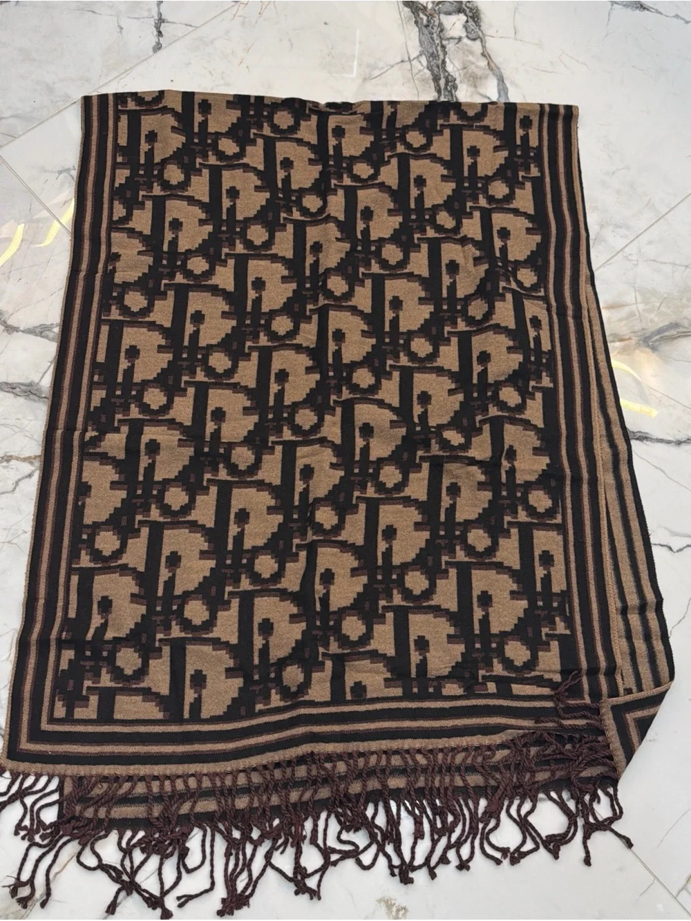 NWOT Dior Brown and Black Monogram Fringe Scarf Wrap
