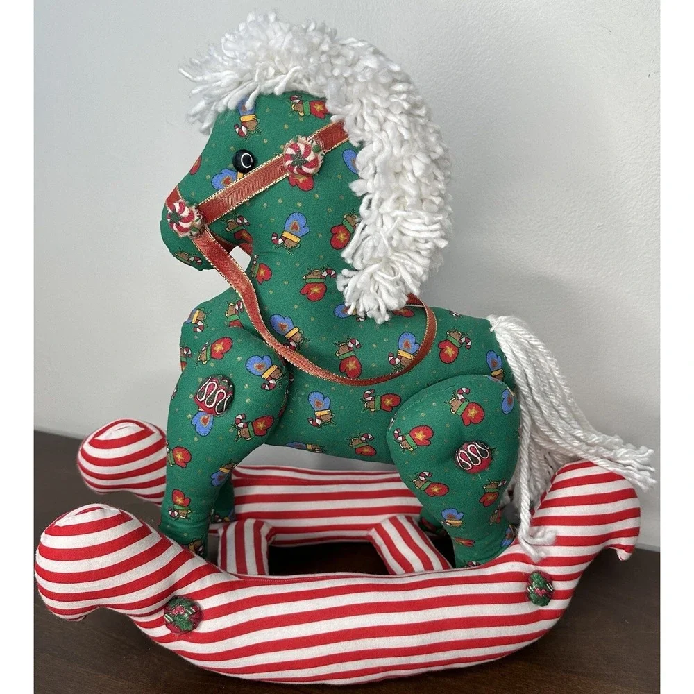 Handmade Rocking Horse Plush Christmas Holiday Quilted Patchwork Grannycore Red