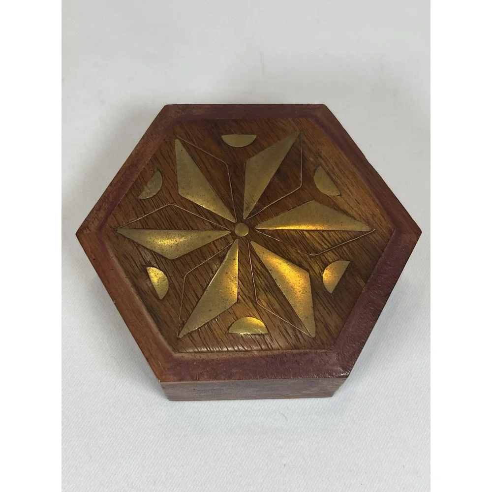 Wood Brass Inlay Trinket Keepsake Box Hexagon Shaped