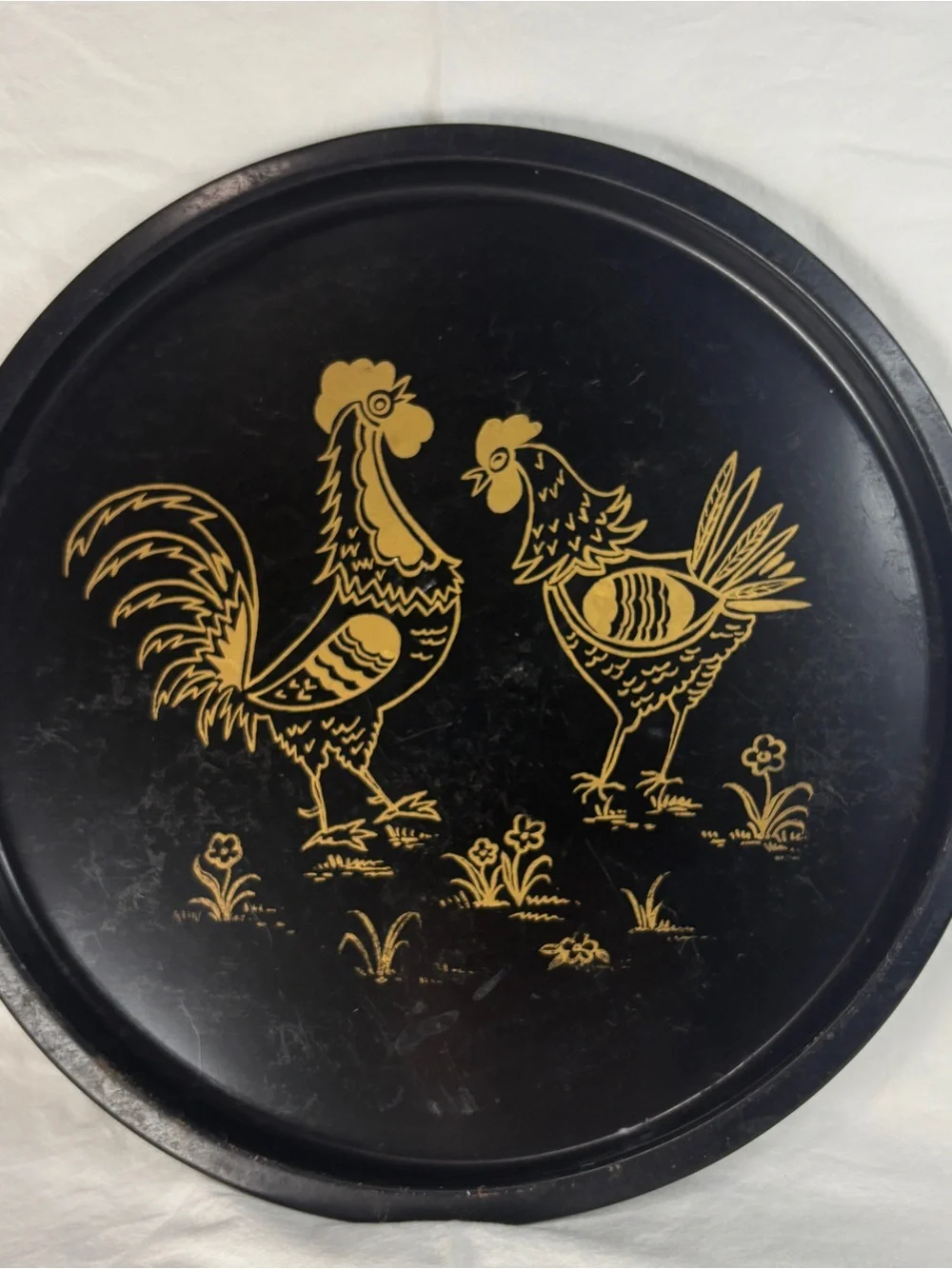 Vtg MCM 1950s Black Metal Serving Tray with Gold Rooster and Hen folk Design