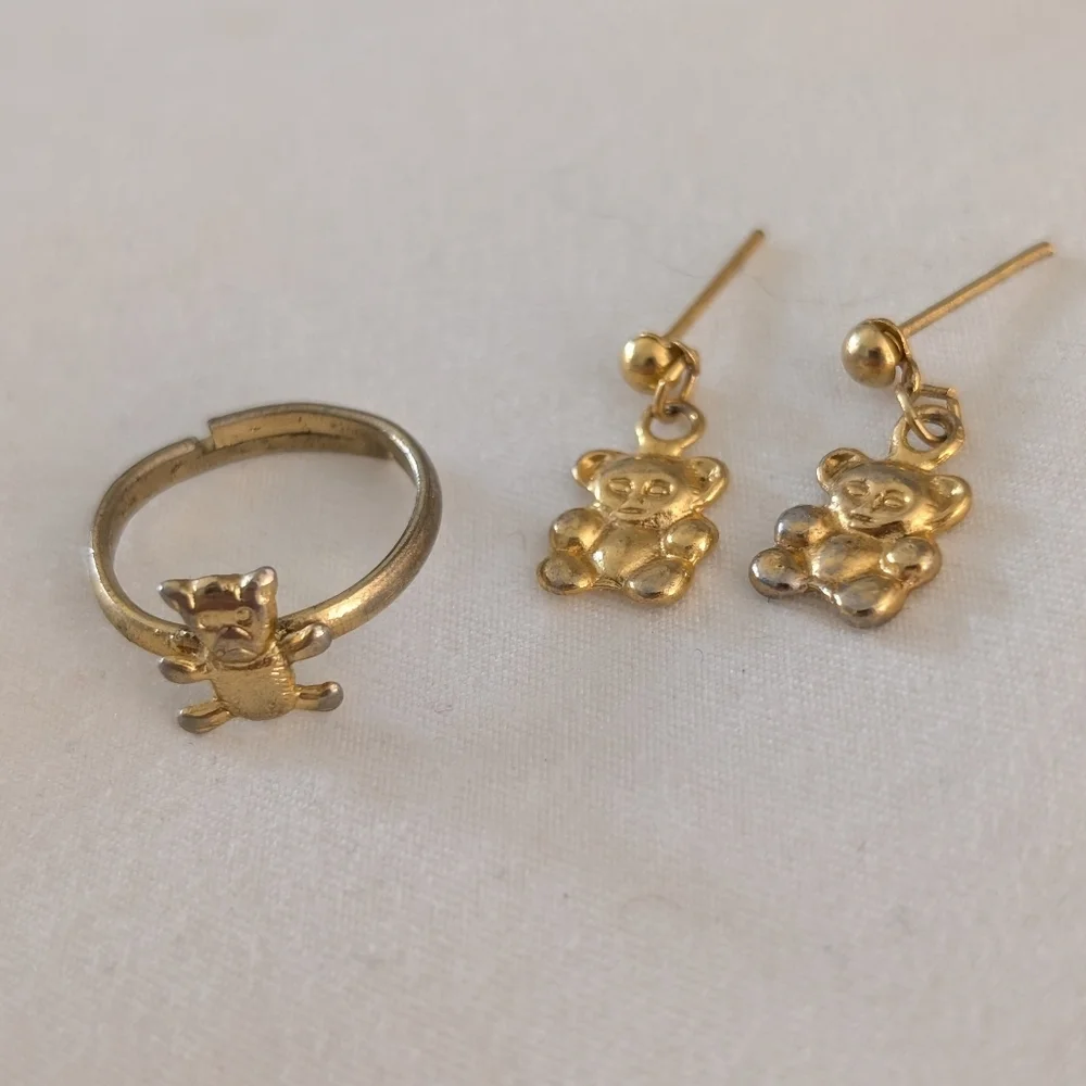 Child's Adjustable Teddy‎ Bear Ring and Earring Set