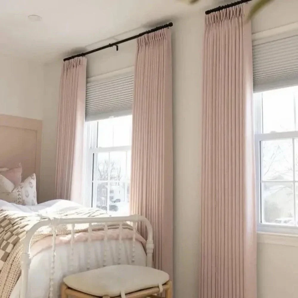 TWOPAGES Linen Pleated Curtains Blackout Lined Soft Pink (2) 52Wx102”L NEW
