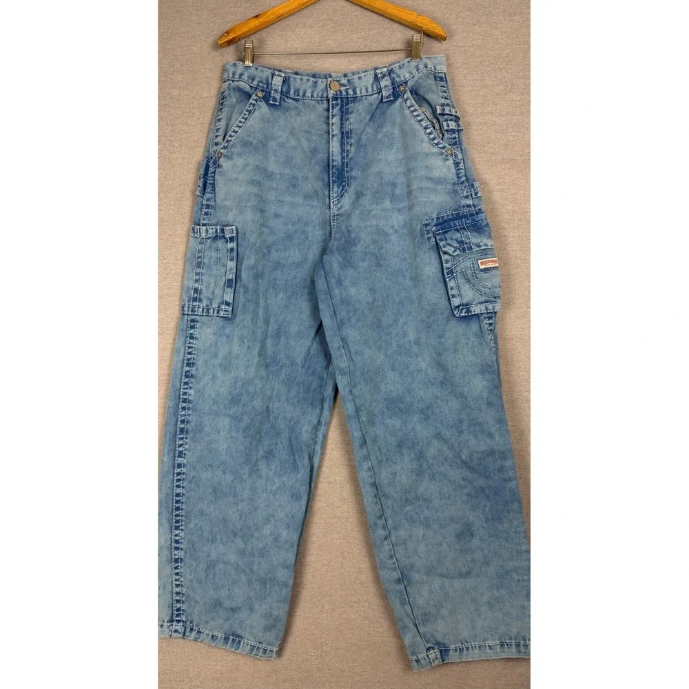 True Religion Baggy Y2K Cargo Jeans Light Wash Wide Leg Denim Mens 34x31