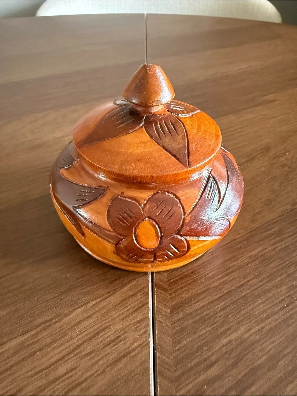 Hand-Carved Floral Wooden Trinket Box - Warm Brown