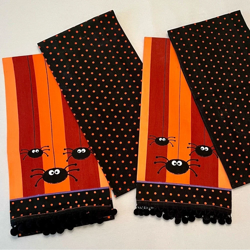(4) Halloween Kitchen Guest Hand Towels Spiders Polka Dots Stripes Pom Poms