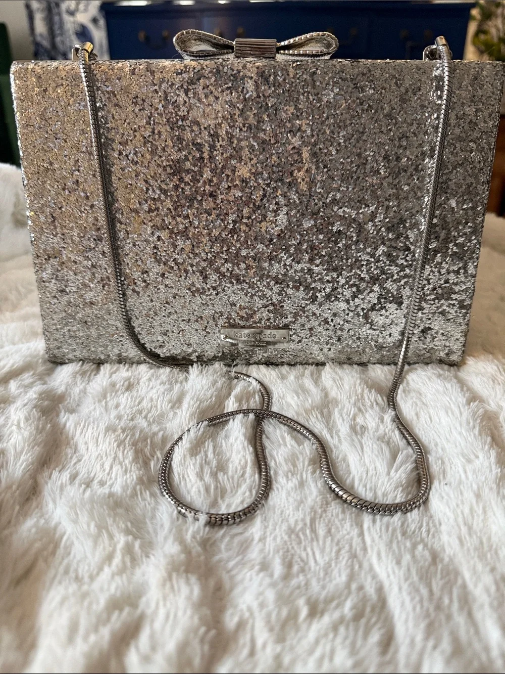 KATE SPADE Emanuelle Evening Belles PXRU4812 Silver Glitter Bow Crossbody Clutch