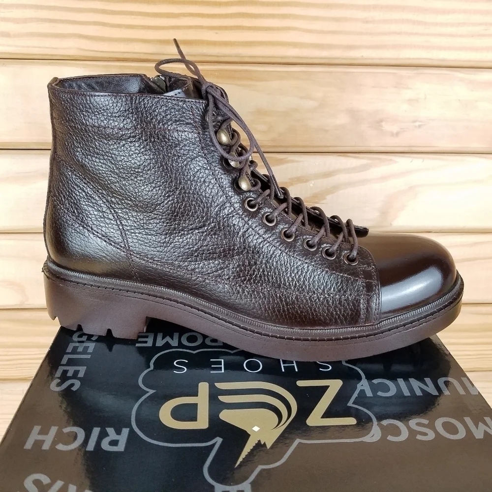 Mens 100% Genuine Leather Brown Ankle Boots 9 US by Paul Branco Side Zip Lace-up