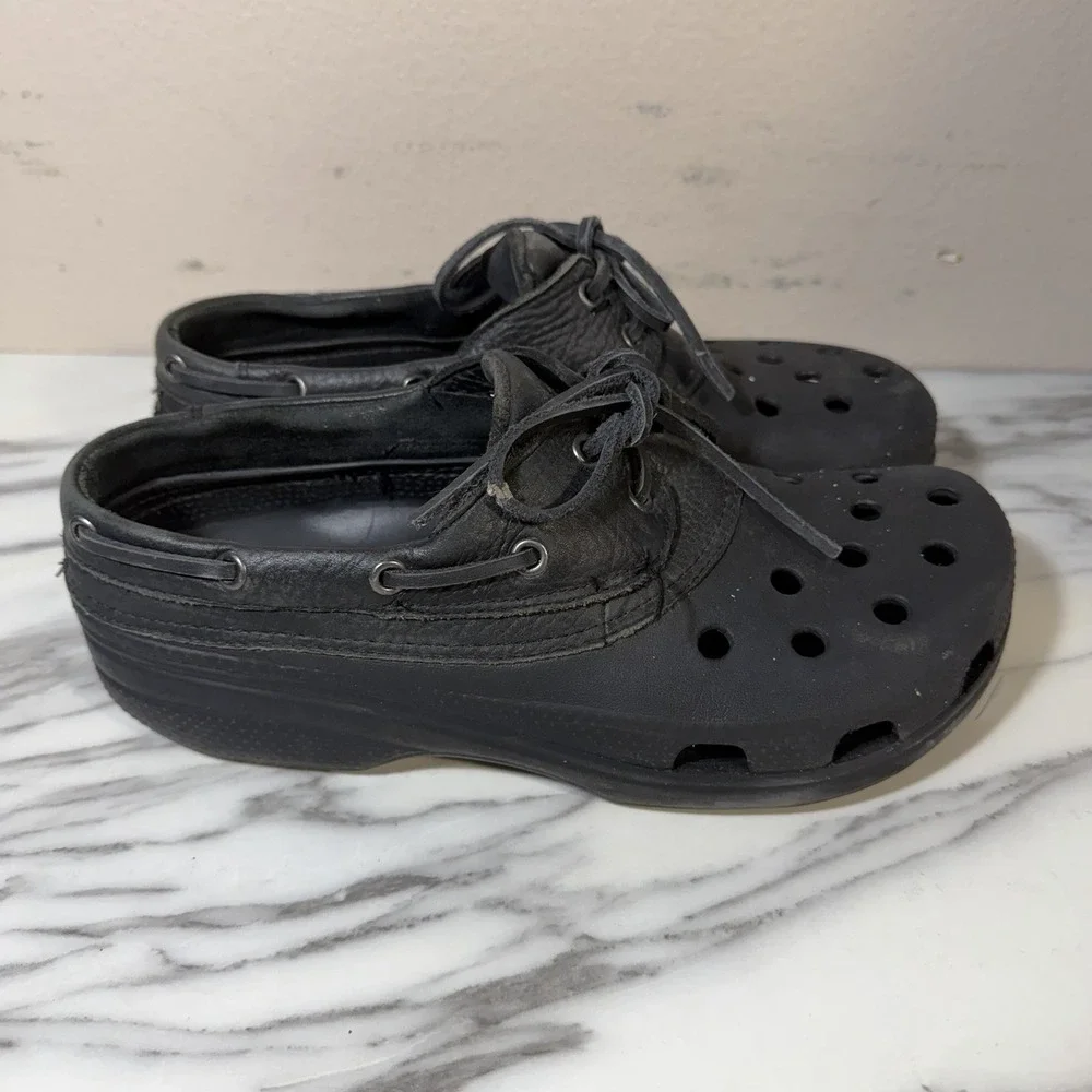 Crocs Islander Pitcrew Sport Boat Shoes Mens 9 Black Leather‎ Upper Lace Up