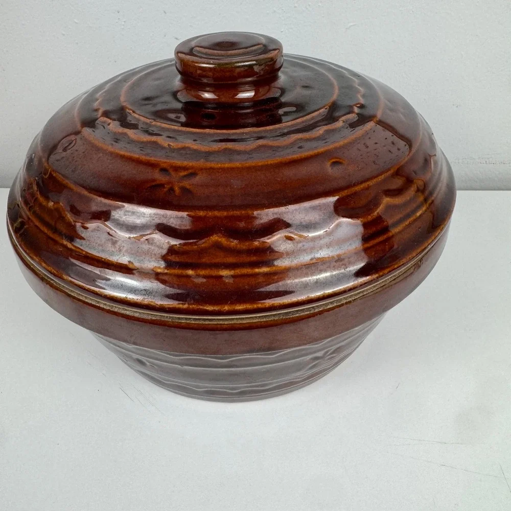 Vtg Mar-Crest Daisy Dot Brown Drip Glaze Covered Stoneware‎ Casserole Dish