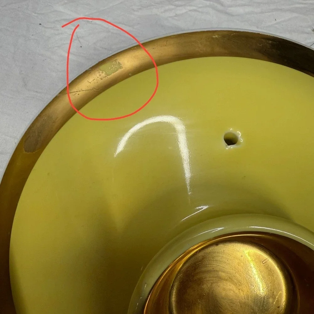 Vintage Mid‎ Century Yellow Ceramic Covered Casserole Dish Gold Trim MCM Lidded
