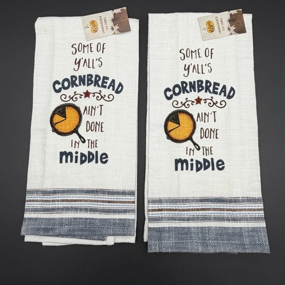 Cracker Barrel Set Of Two Cotton Kitchen Tea Towels Cornbread Ain't Done Quote