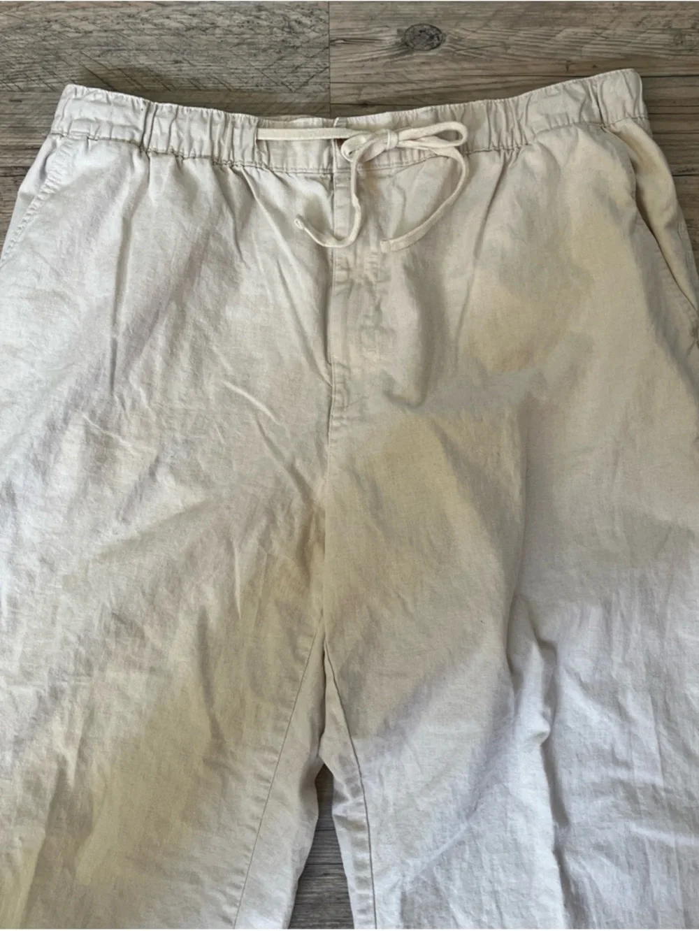 Oak Hill Men’s 1X Khaki Drawstring Linen Cotton Pants Pockets 32” Length