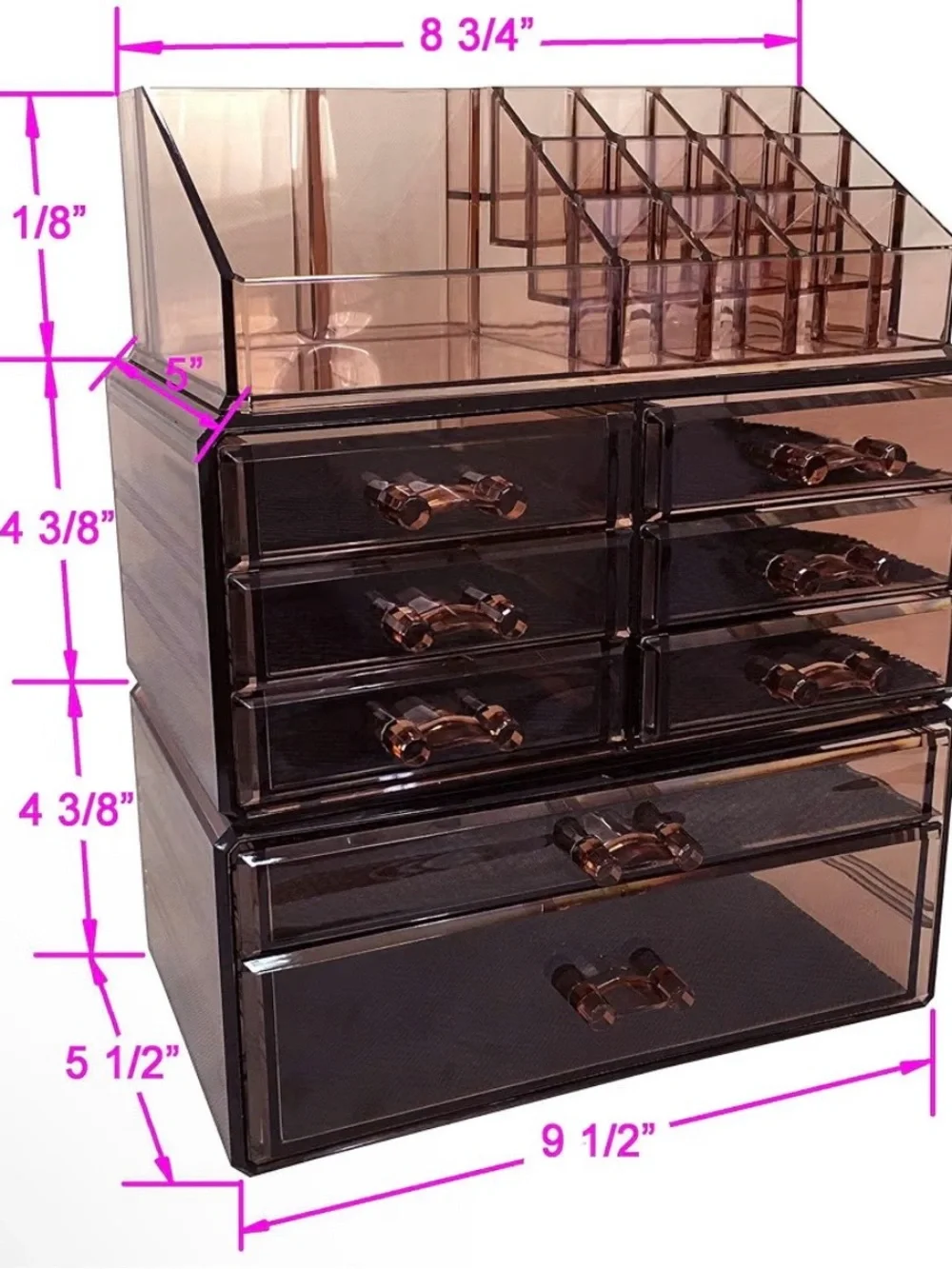 Three Piece Set Acrylic Cosmetic Organizer Storage Drawers - Brown