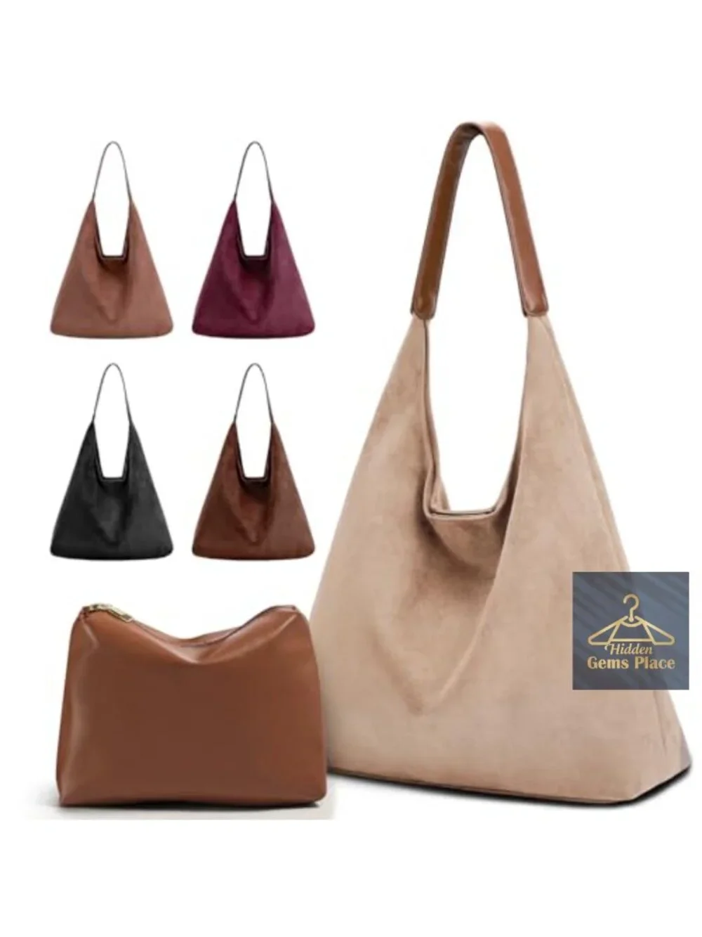 2-Piece Vegan Leather Purse Set: Slouchy Hobo Shoulder Bag & Suede Tote