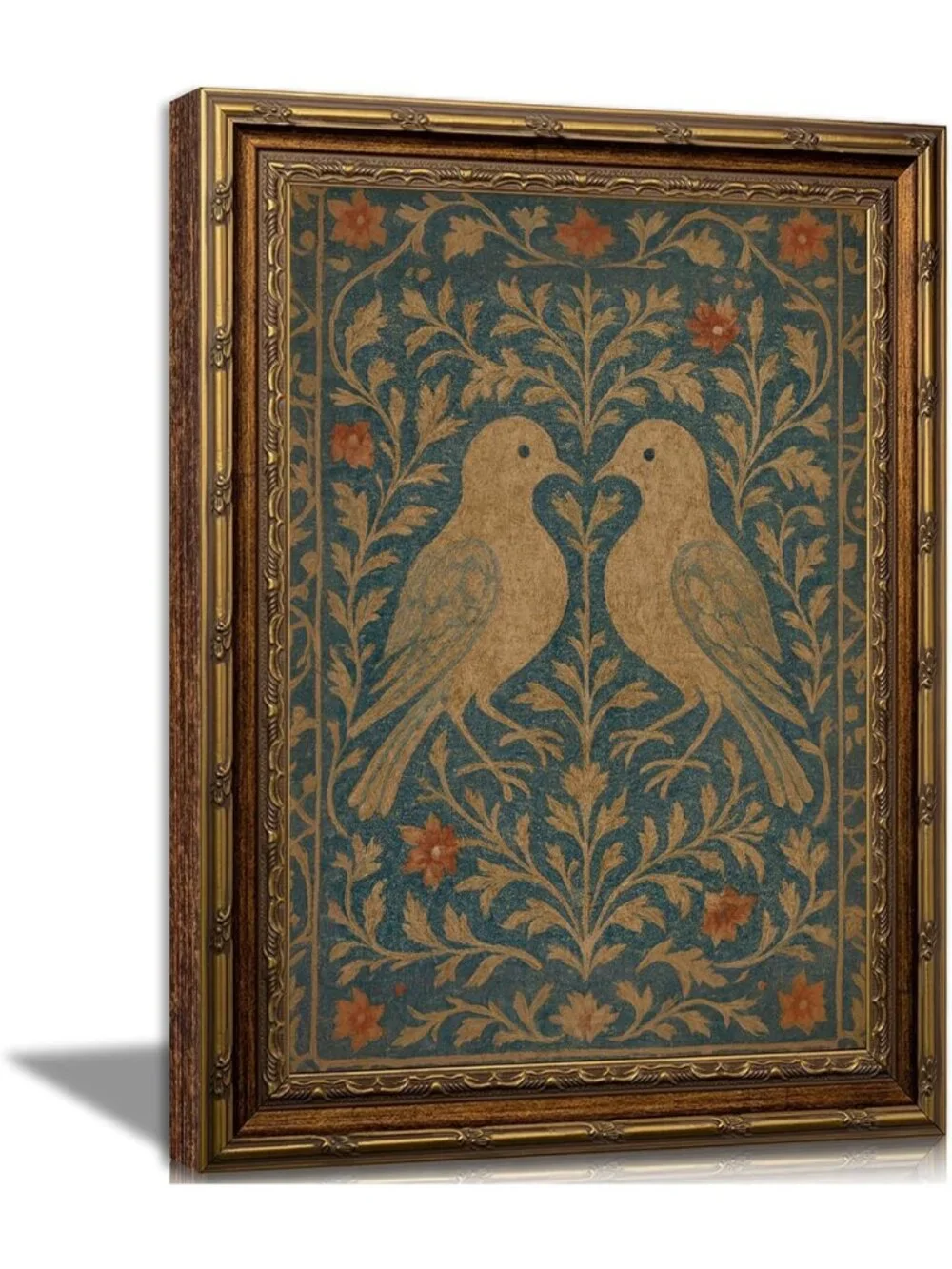 Vintage Lovebirds Wall Art | Folk Floral Bird Canvas Print | Home Decor 8x10