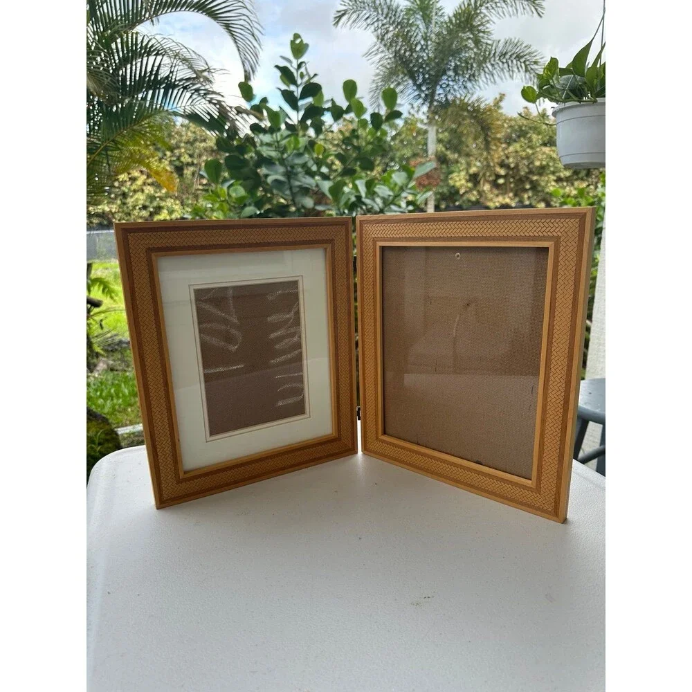 Engraved Lauhala Inspired Woven Wooden Hinged Double Photo Picture Frames 8x10