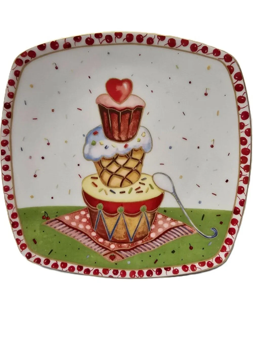222 Fifth Sweet Confetti Plate Square Cupcake Tower Dessert Cherry Red Porcelain