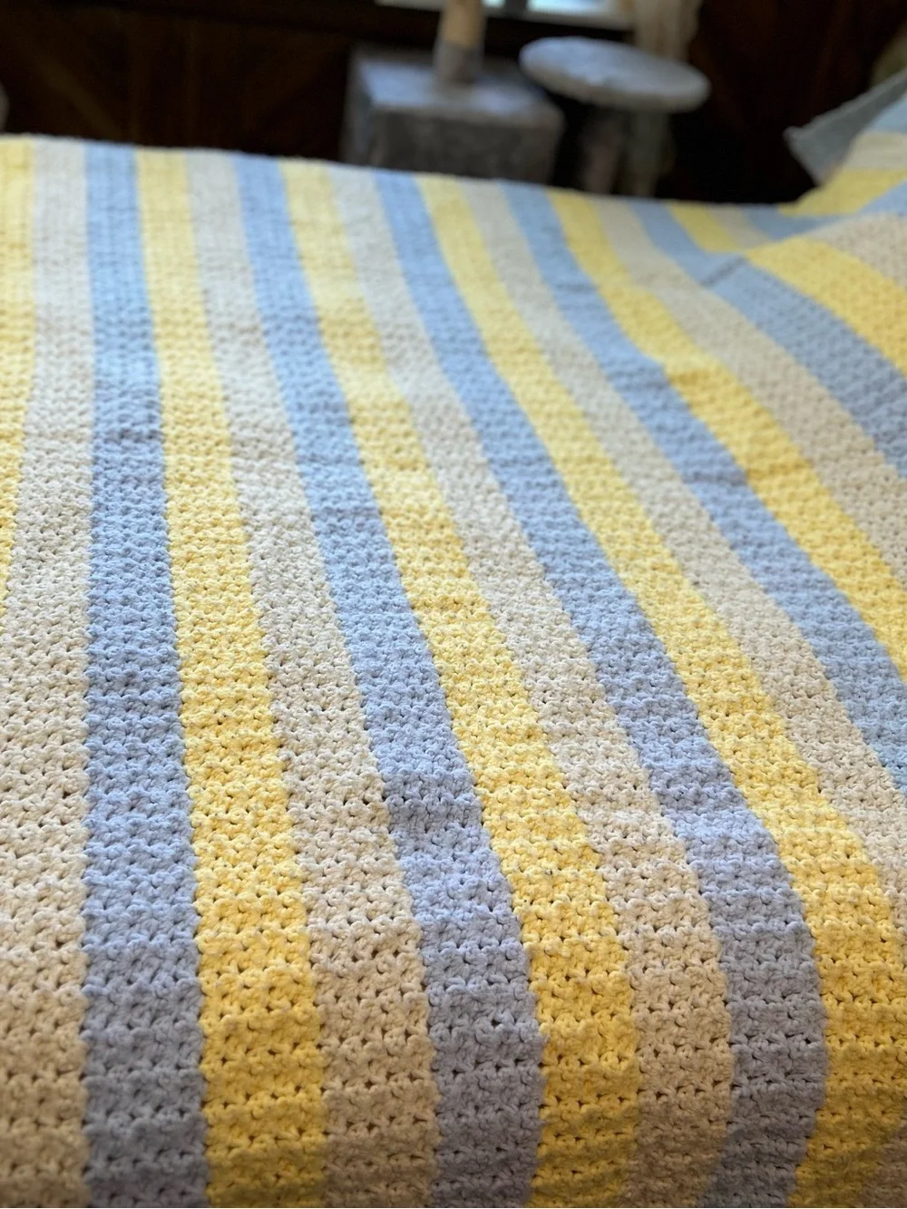 Vintage Hand Crocheted Full Size Bedspread Blanket 98x84 Pastel Striped Afghan