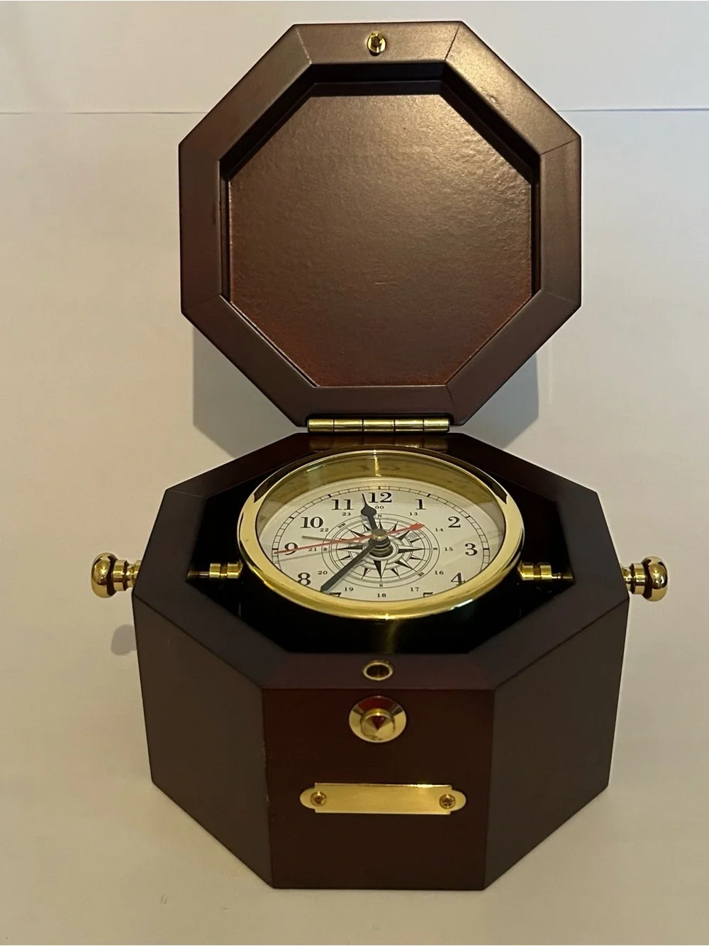 Brass Nautical Clock in Mahagony Wood Finish Box with Alarm
