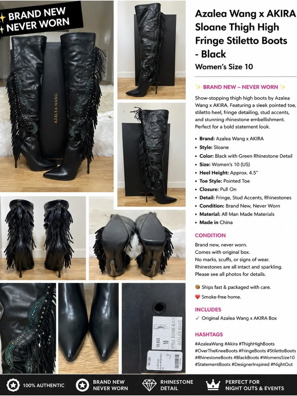 Azalea Wang x AKIRA Black Fringe Rhinestone Over-the-Knee Stiletto Boots