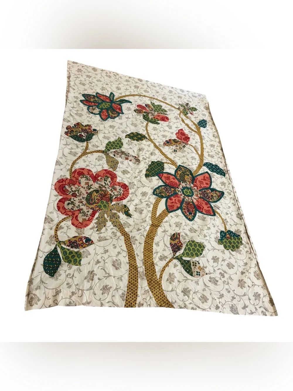 Pier 1 Boho Floral Patchwork Applique Panel Curtain Set 2 Blue Coral Multi 82x52